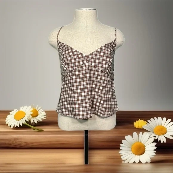 Abercrombie & Fitch Brown Gingham Plaid Crop Cami Tie Sides Extra Small NWT 🤎 - Picture 1 of 5